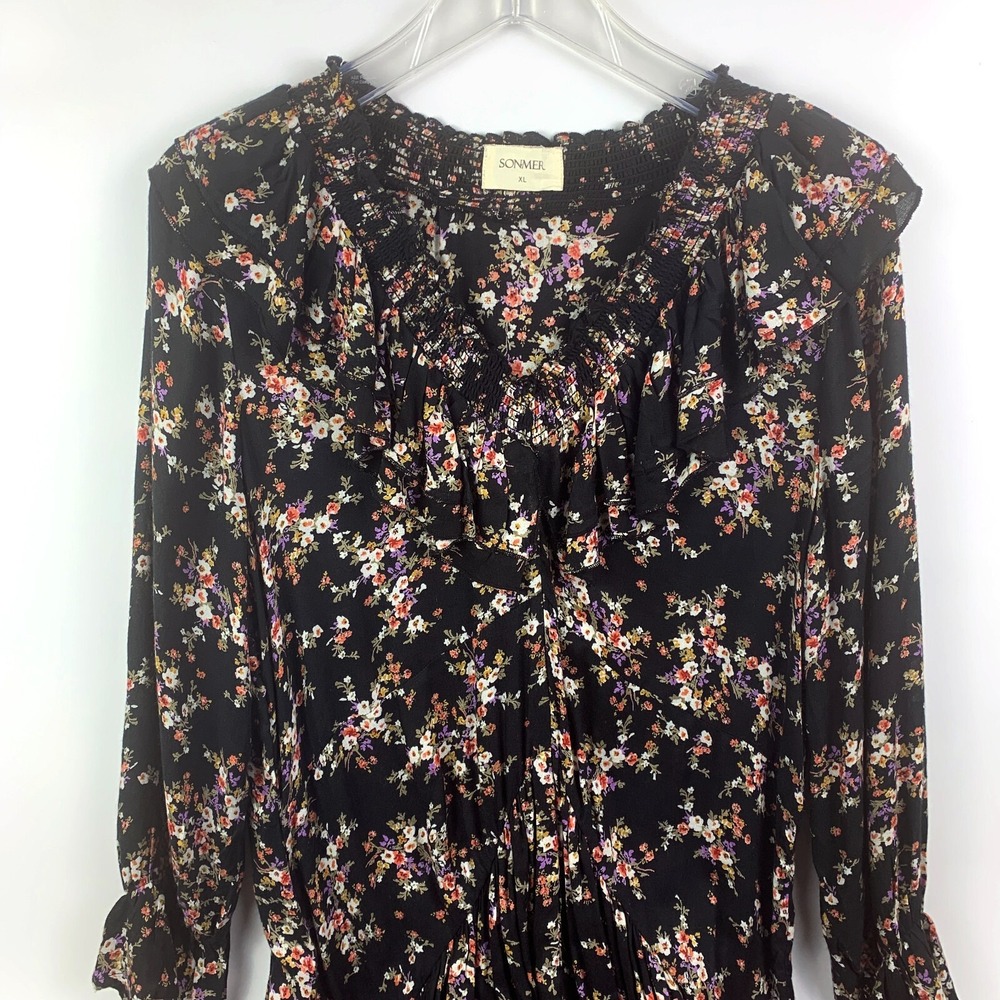 Sonmer‎ Lola Dress Sz XL Black Floral Ankle Length Ruffled Midi Asymetric V Neck - Picture 4 of 16